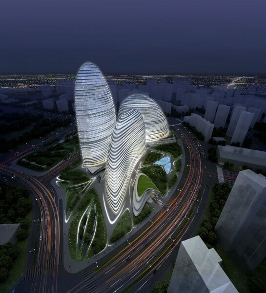 04-North East Aerial Night Courtesy of Zaha Hadid Architects Wangjing SOHO project by Zaha Hadid in Beijing