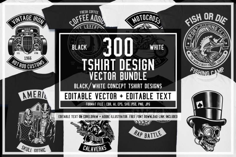 Download 300 Black White Vector T Shirt Designs Bundle Ai Psd Svg Eps Cdr File Formats Bypeople PSD Mockup Templates