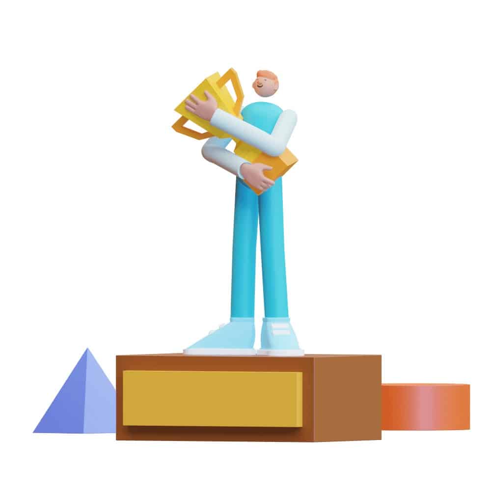 3d character receiving a trophy or reward