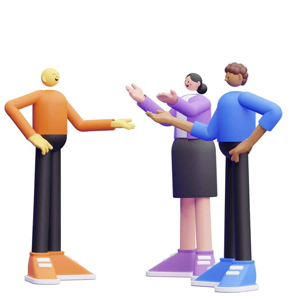 a group of 3d characters talking to each other