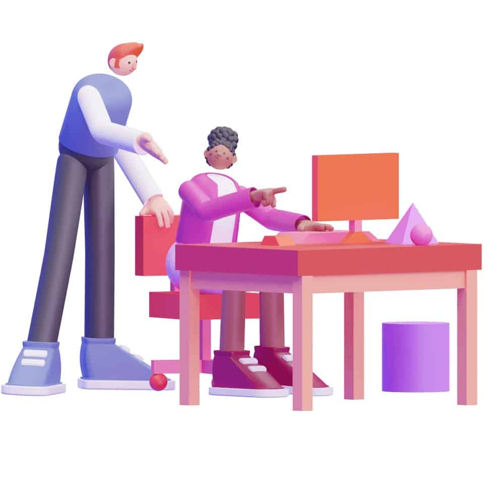 3d characters discussing work at a desk