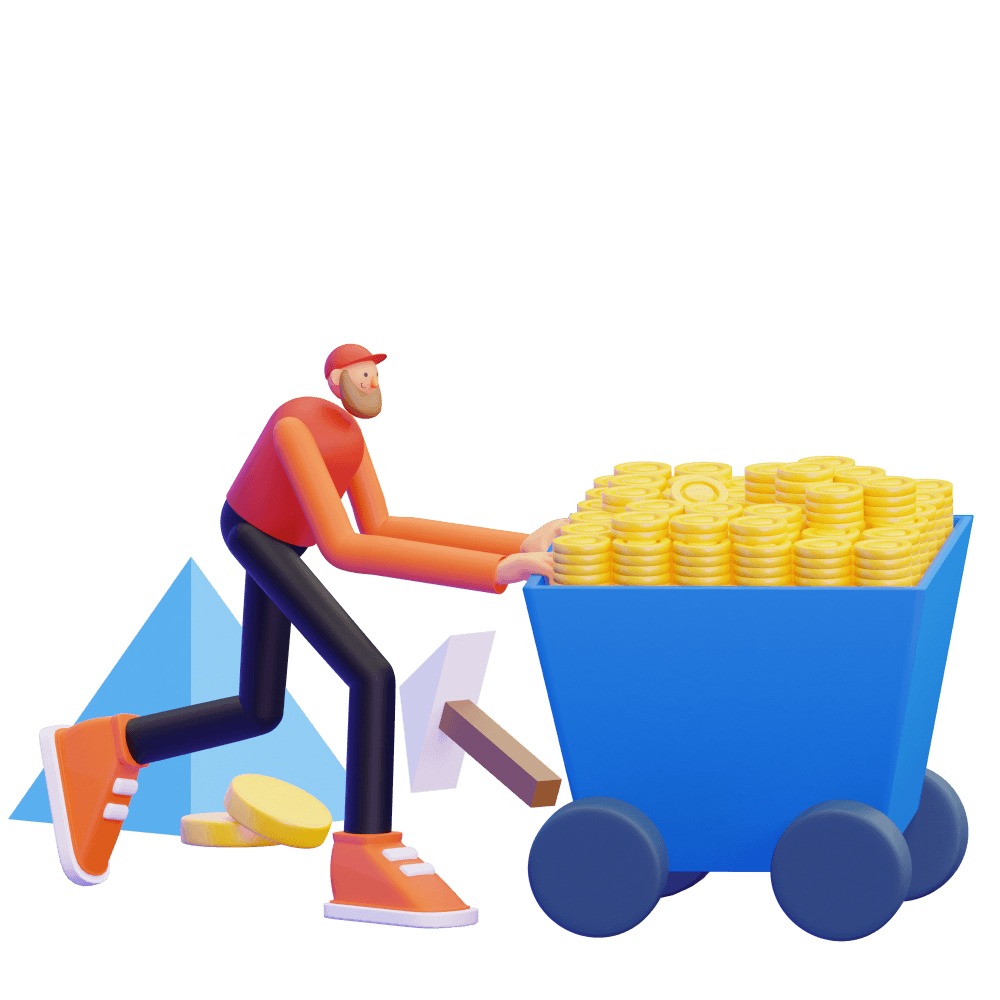 3d man pushing a cart full of gold bars