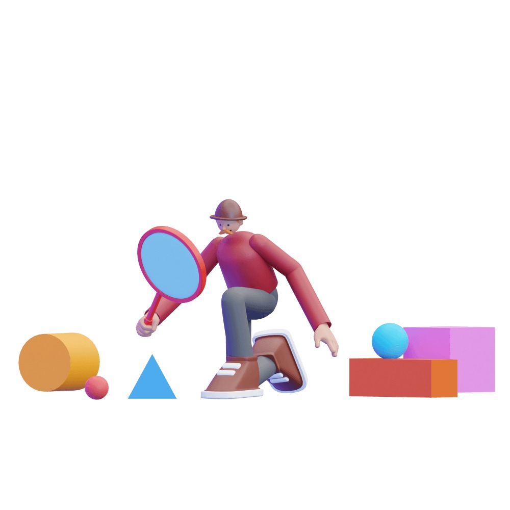 3d man kneeling down searching the ground with a magnifying glass