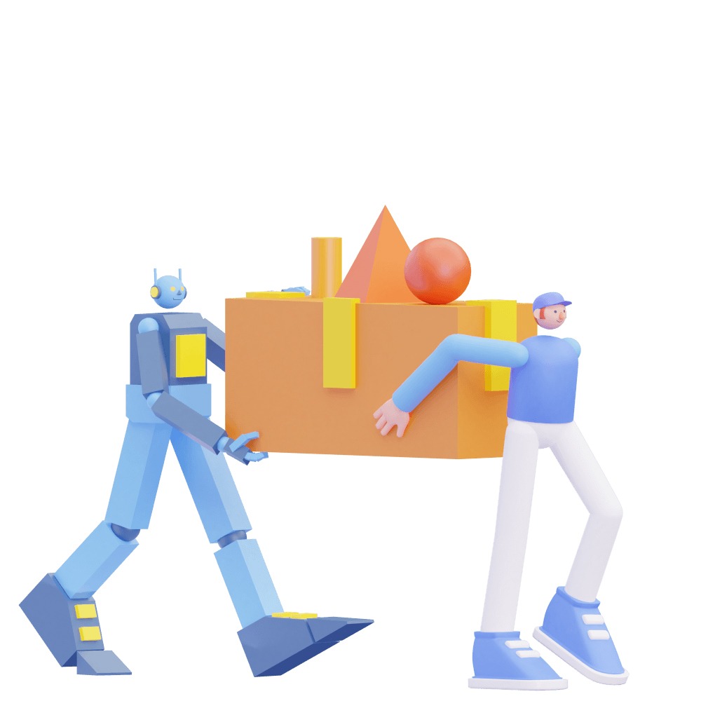 3d robot and 3d man carrying a large box