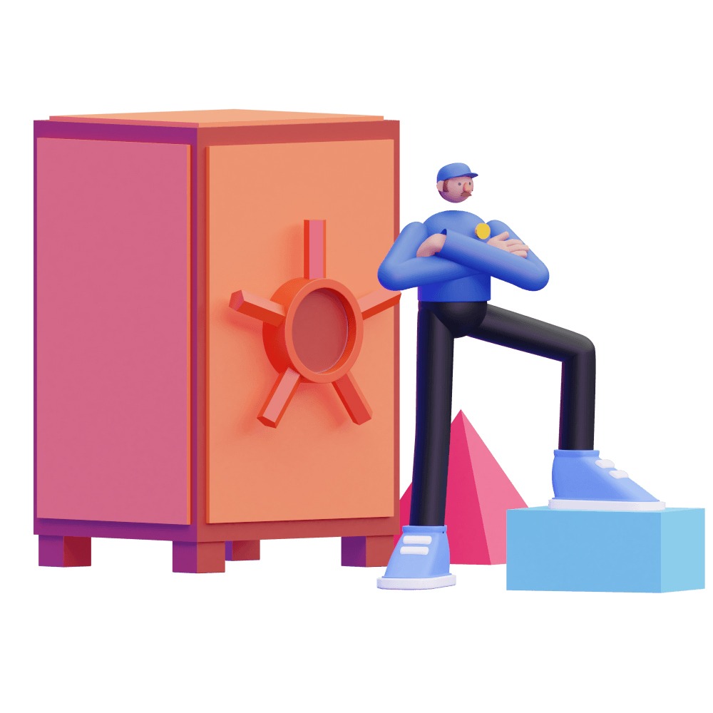 3d man standing in front of a security vault