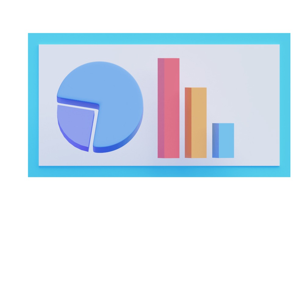 3d illustration of a pie chart & graphs on a wall