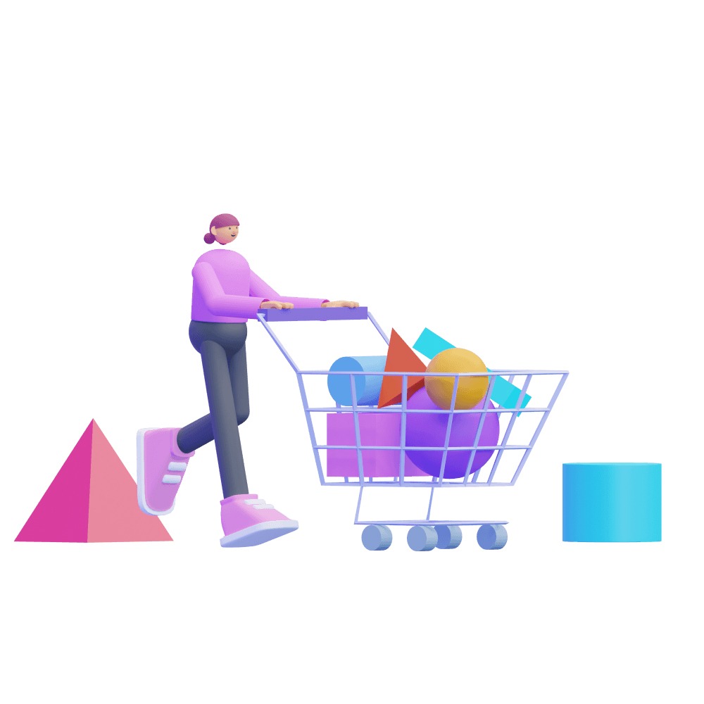 3d woman pushing a shopping cart full of products