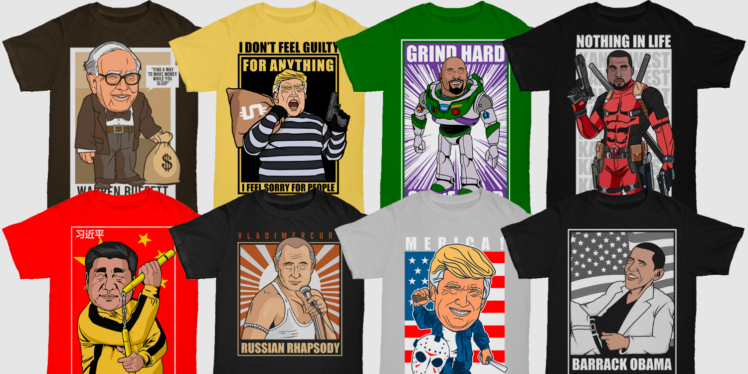 several t-shirt designs featuring cartoon versions of real people