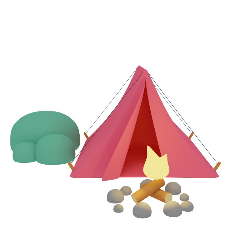 3d icon design of a campign site with tent, fire and bushes