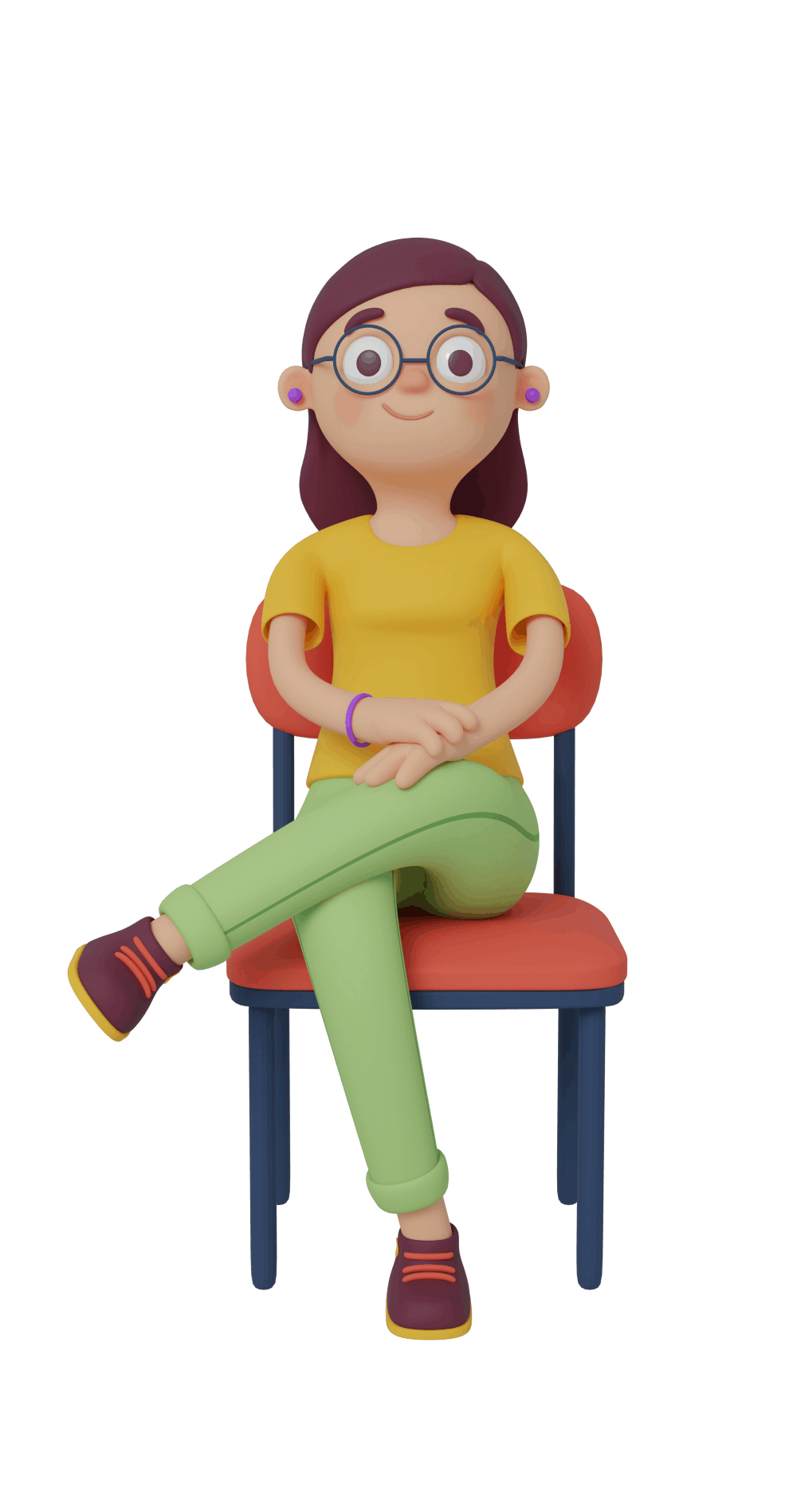 3d character design of a girl sitting down on a chair
