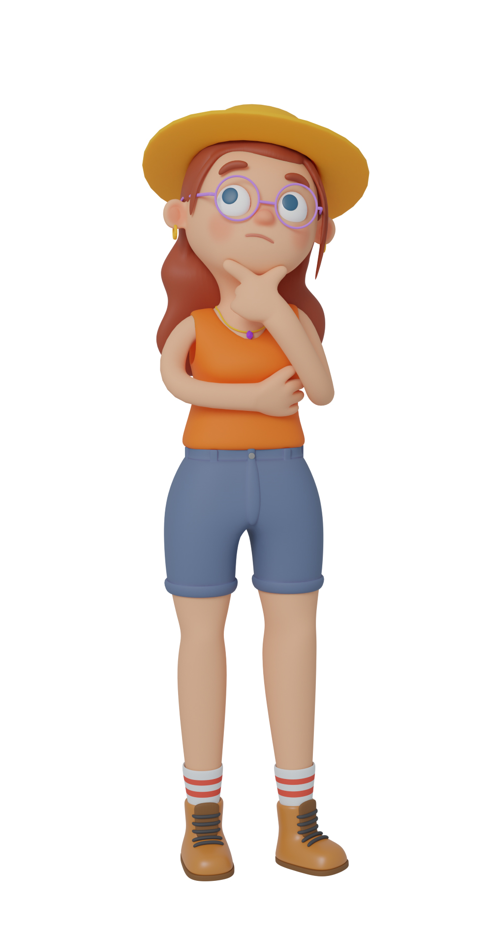 3d character design of a girl doing a thinking gesture