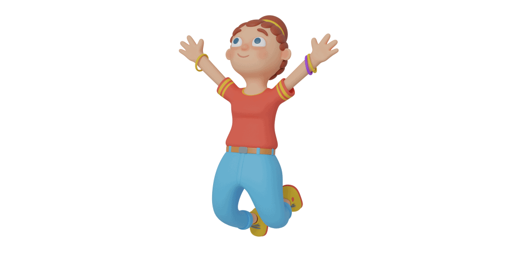 3d character design of a girl jumping with her arms up