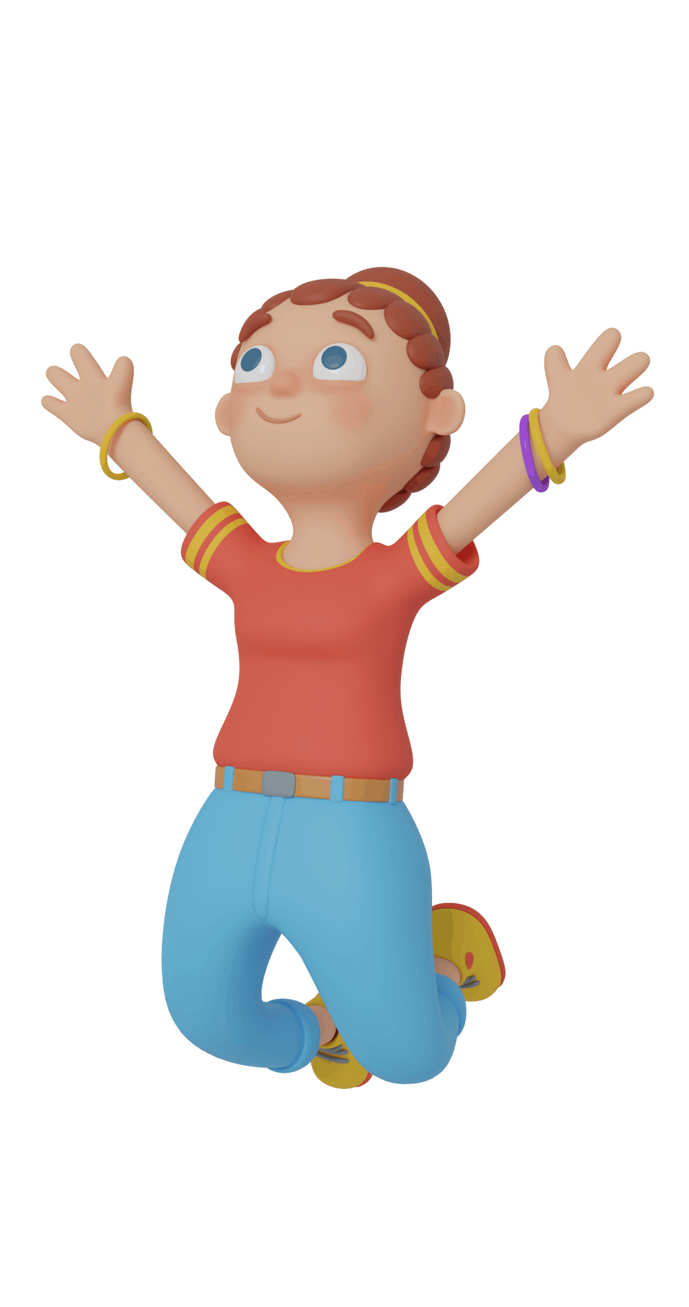 3d character design of a girl jumping with her arms up