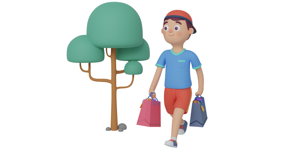 3d character design of a young man walking down a street