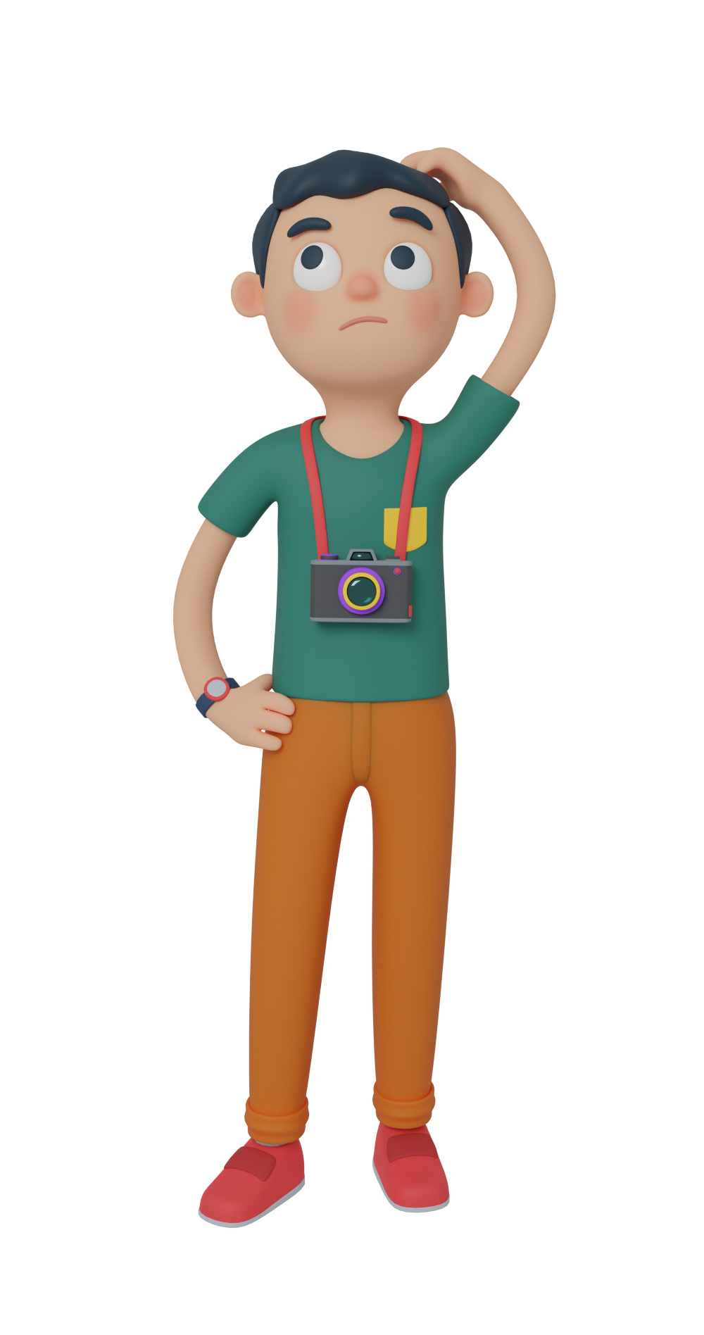 3d character design of a man doing a thinking gesture