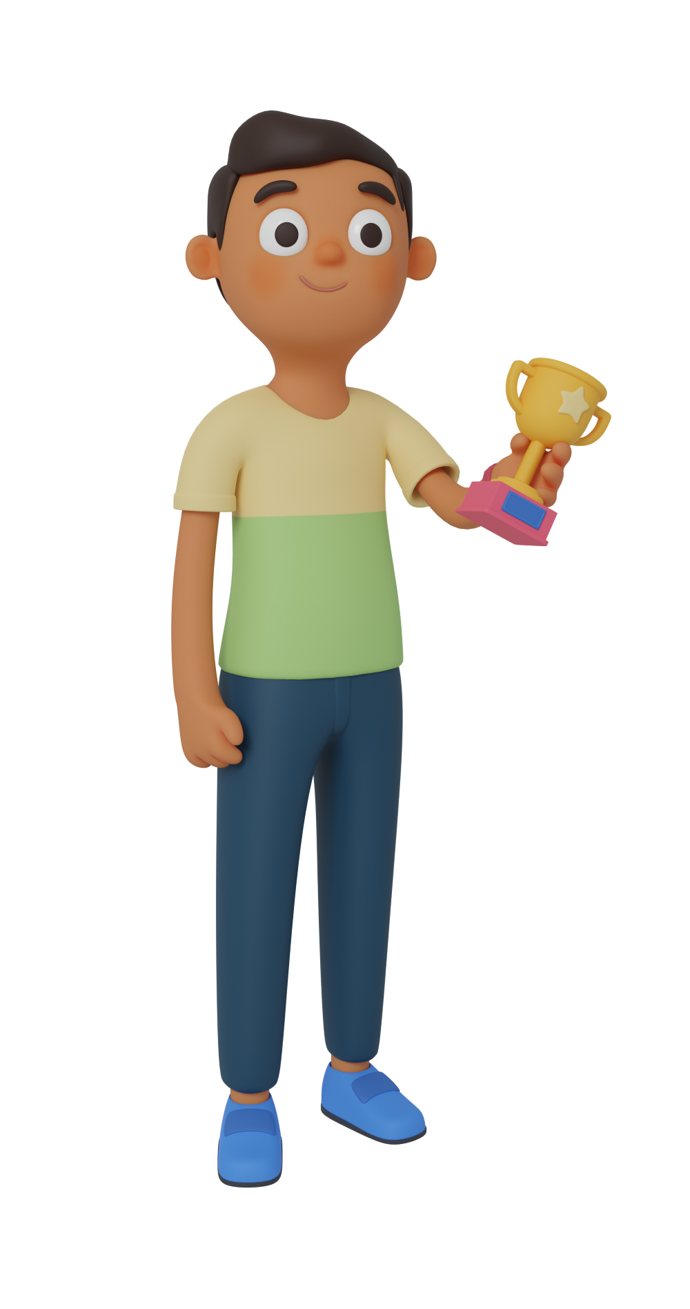 3d character design of a man holding a trophy or reward