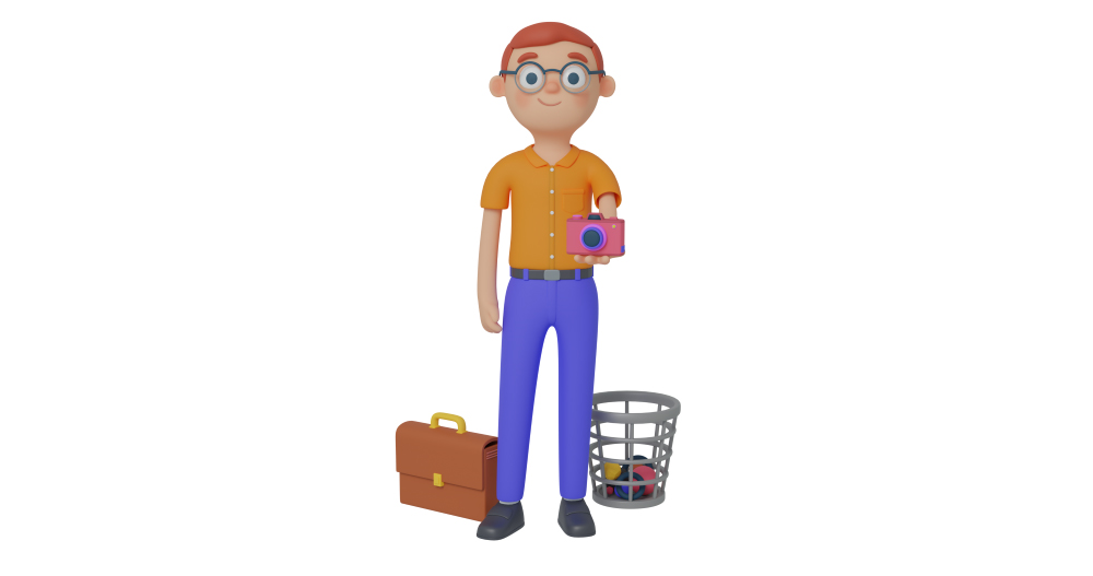 3d character design of a man standing up with a camera on hiw hand