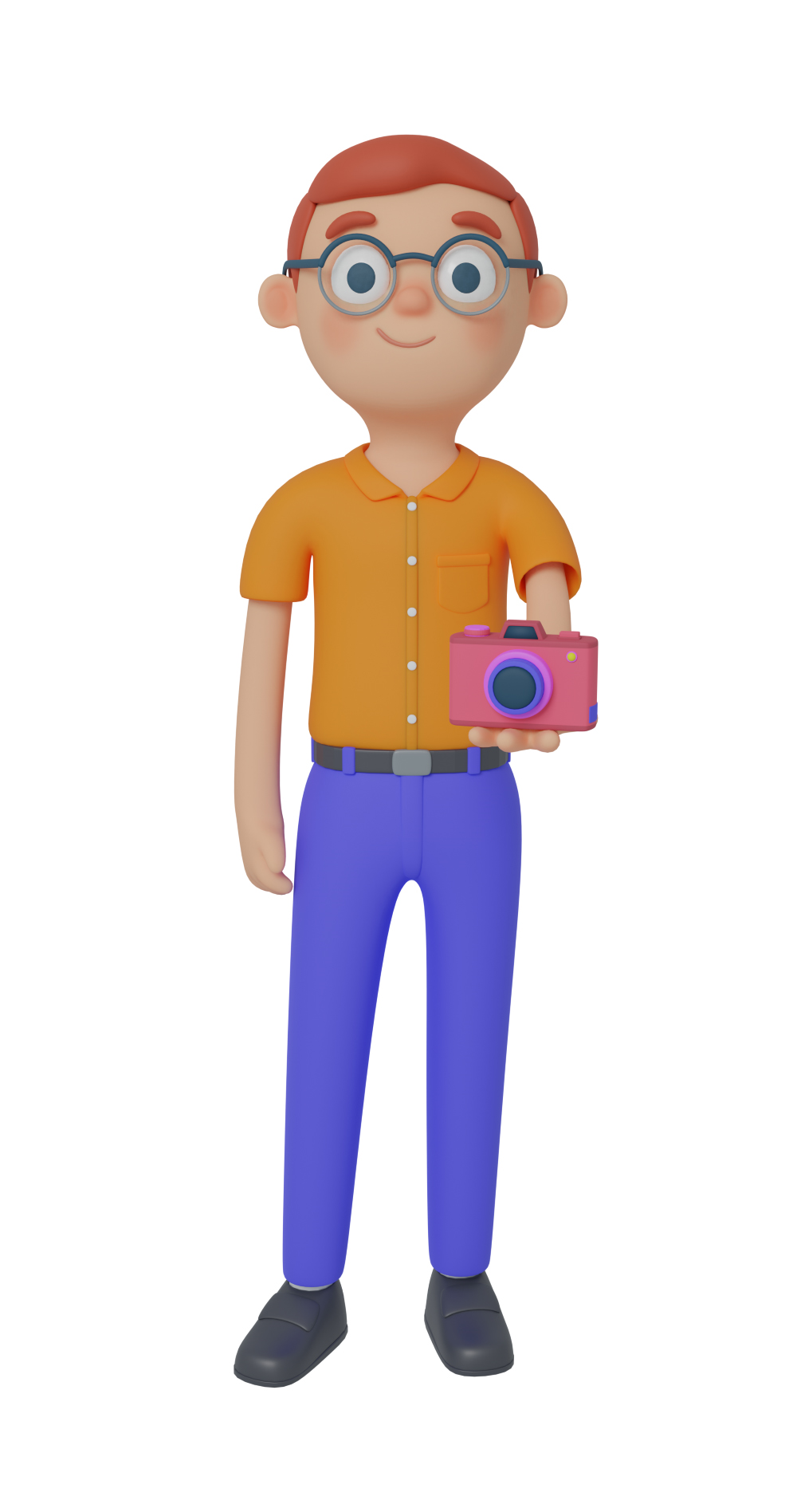 3d character design of a man standing up with a camera on hiw hand