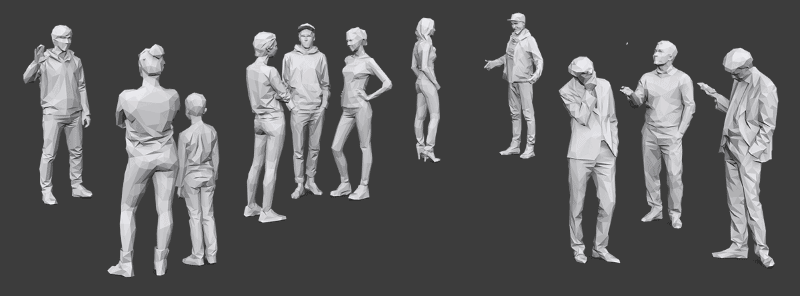 small poster showing 10 3d low poly people models interacting