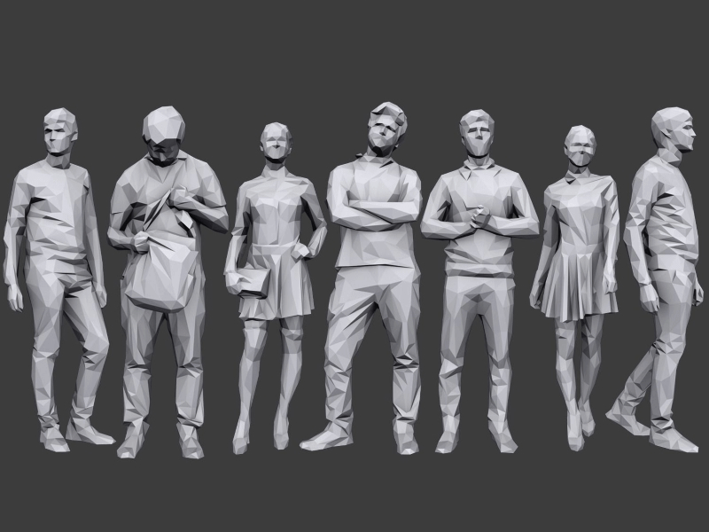 small poster showing 7 male and female low poly 3d people models posing in different casual stances