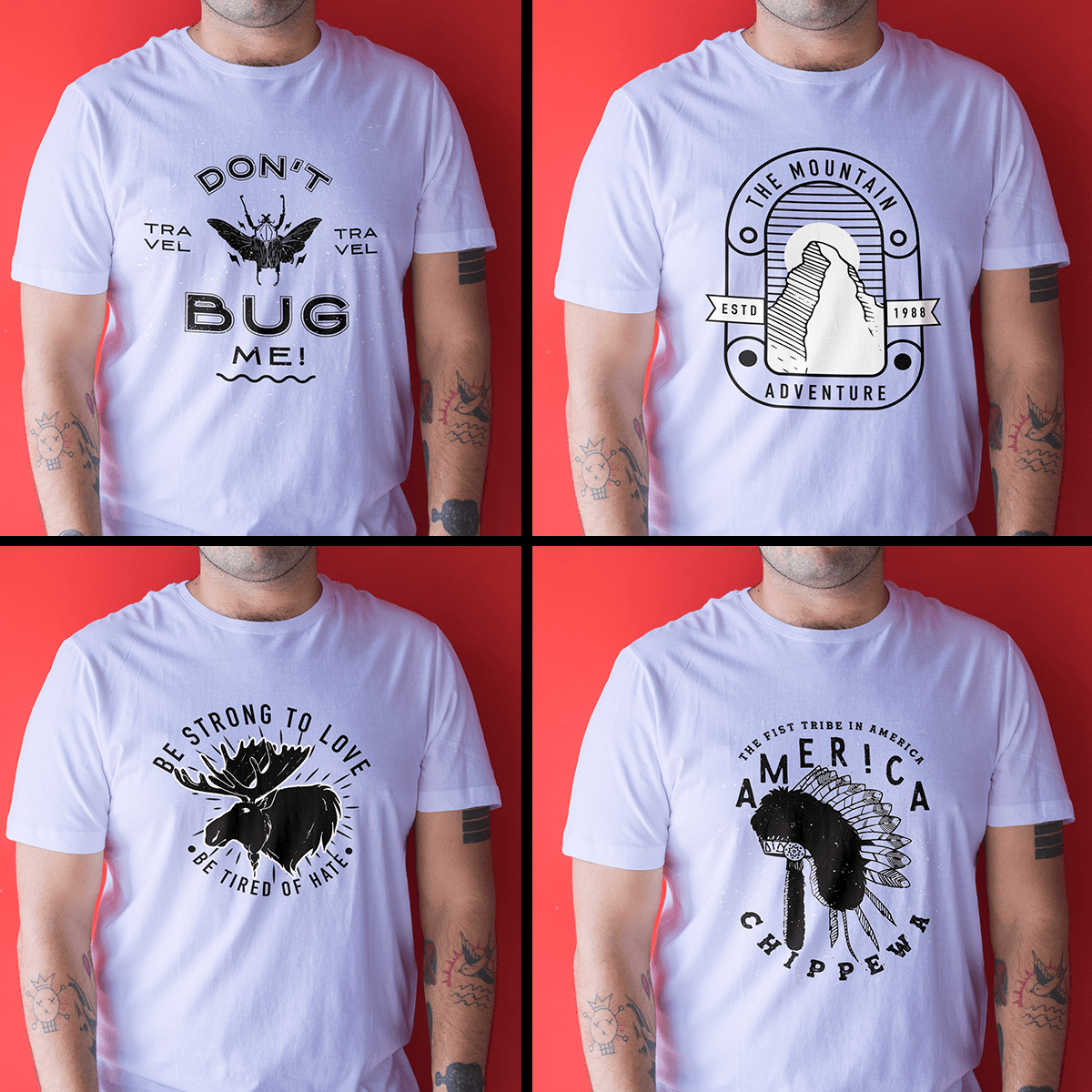 4 different designs featuring a bug, an elk, a mountain and a native american headwear