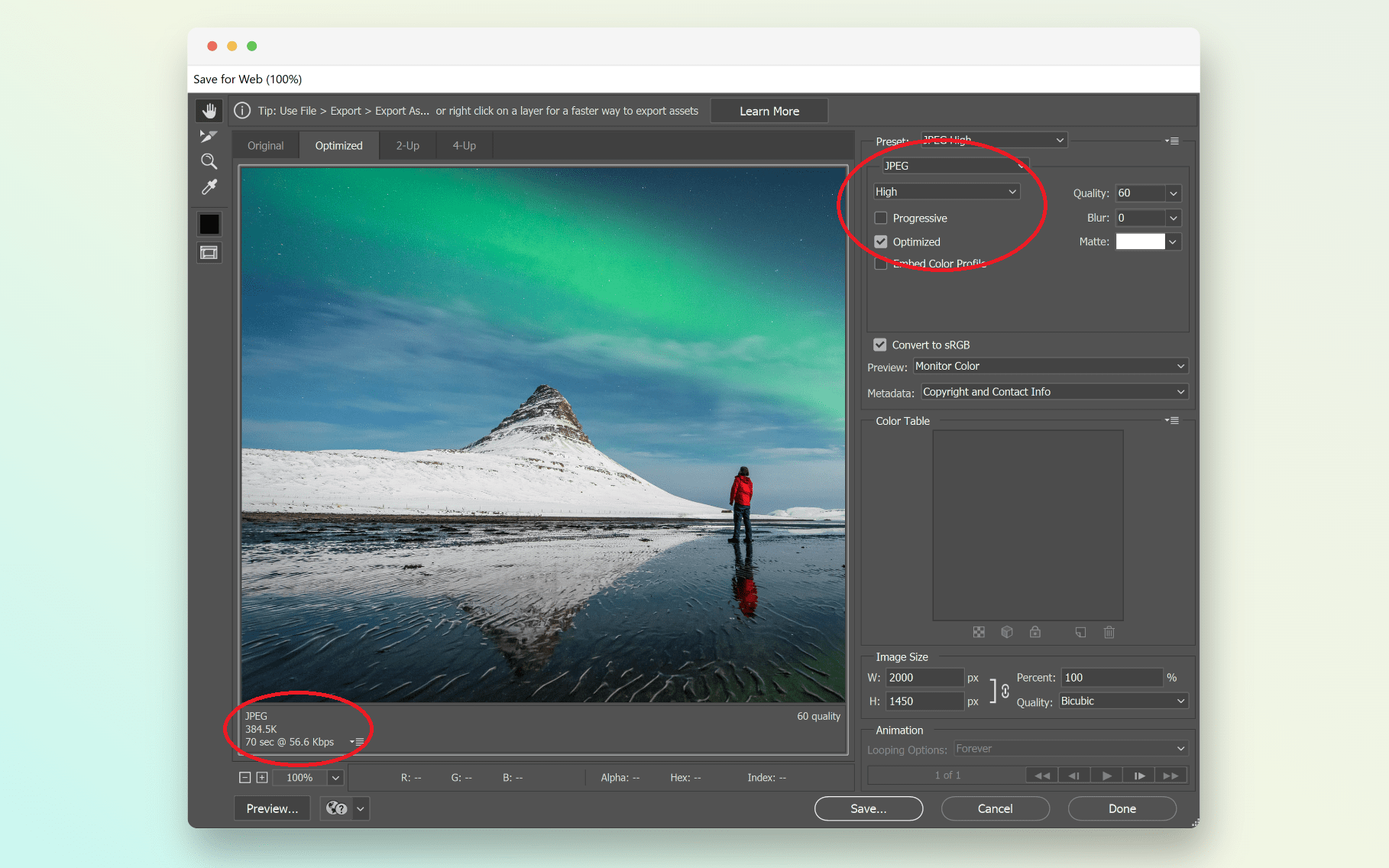 exporting an image from Adobe Photoshop using the optimize for web legacy option
