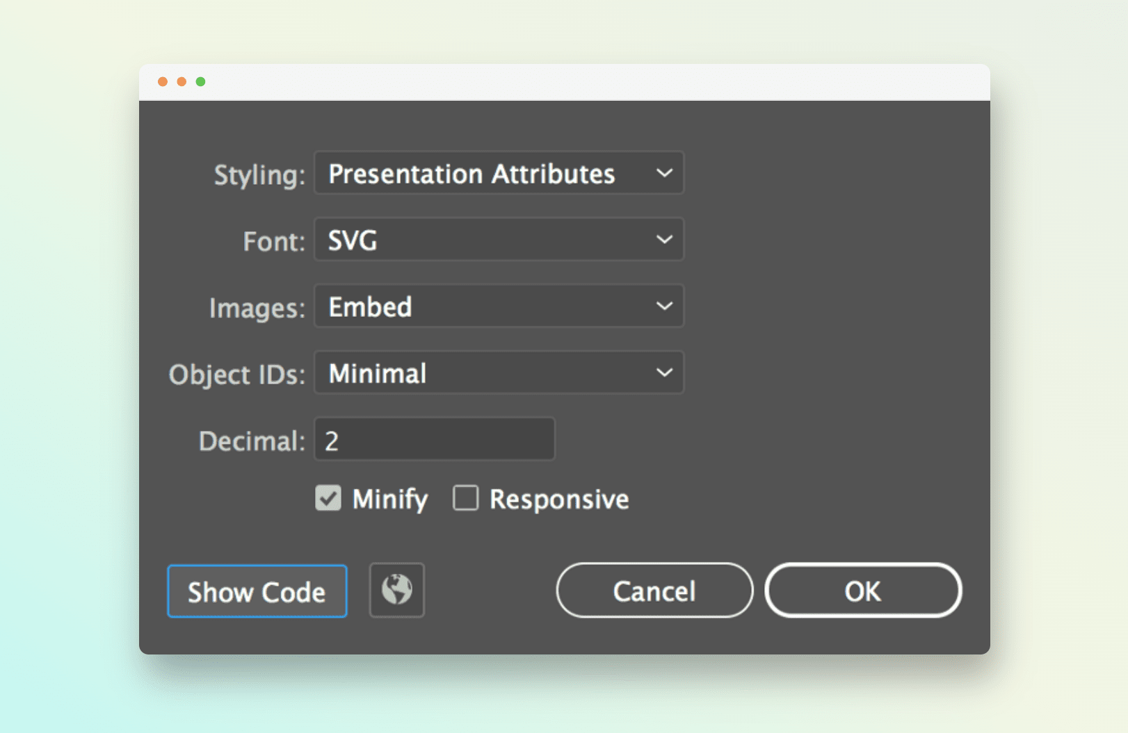 Exporting an SVG using Adobe Illustrator with optimal settings for file size reduction