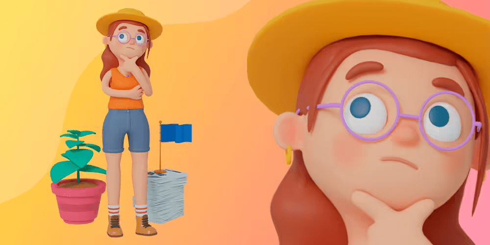 3d illustration of a full-body character next to a detailed view of its face design