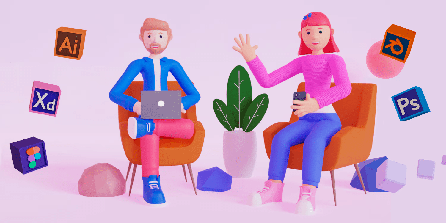 3d illustration composition of two seated characters with different 3d objects and logos 