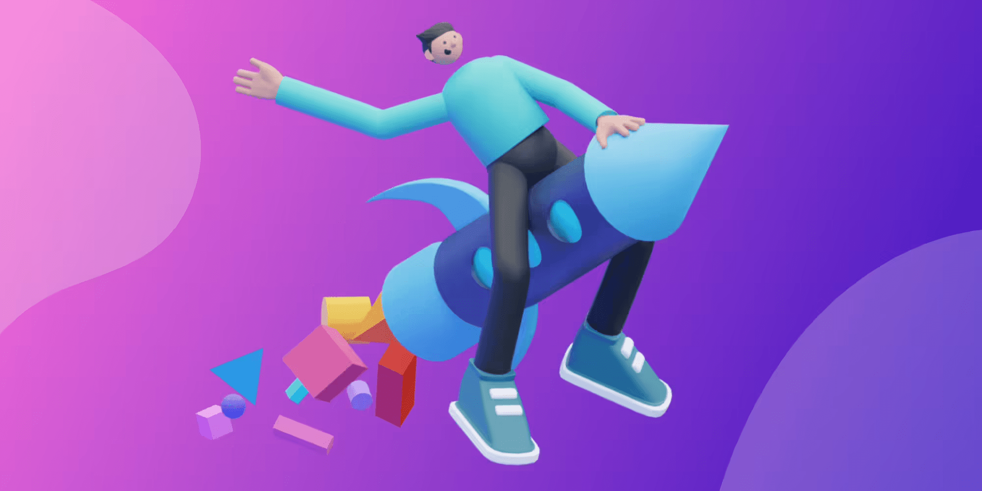 a 3d illustration of a character on top of a rocket ship