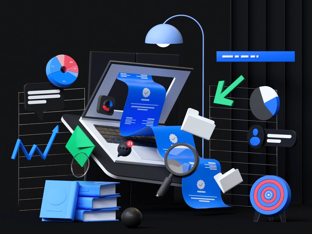 big composition of many 3d illustrated elements such as a lamp, computer, magnifying glass, books, envelope, and many others.