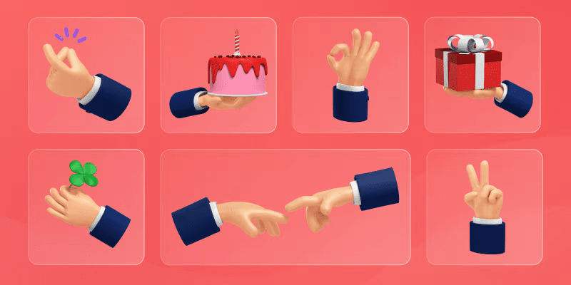 gallery of a 3d illustrated hand in different poses and holding 3d objects