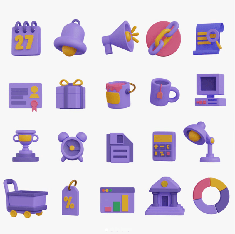 collection of 3d illustrated icons of various objects such as calendar, megaphone, trophy, lamp, calculator and more