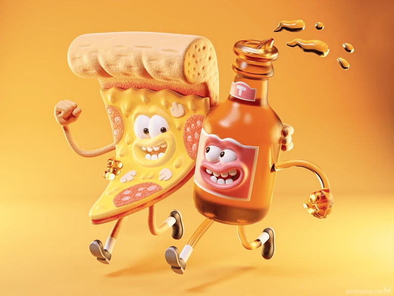 3d illustration of a caricatured pizza and a beer walking together while hugging each other