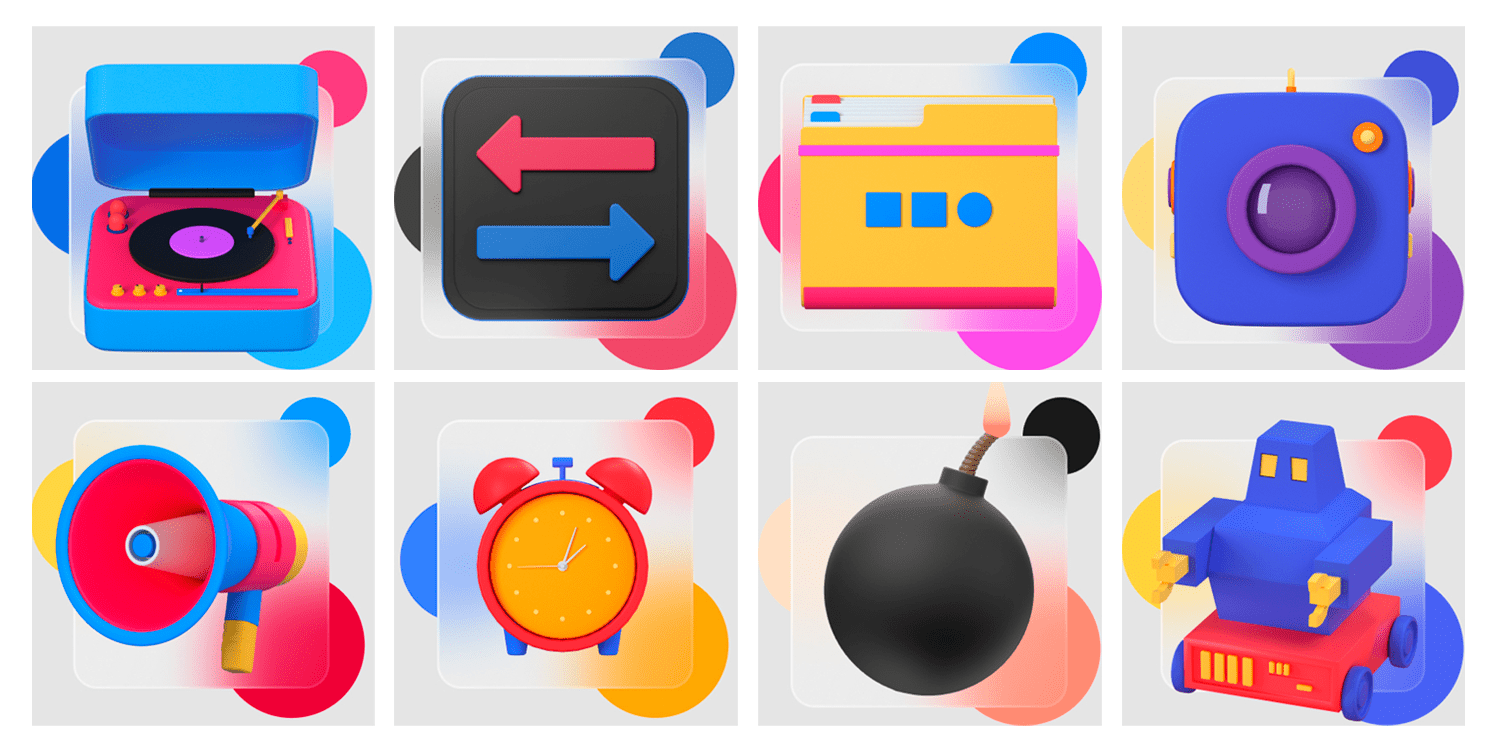 a gallery of eight different colorful 3d illustration icons