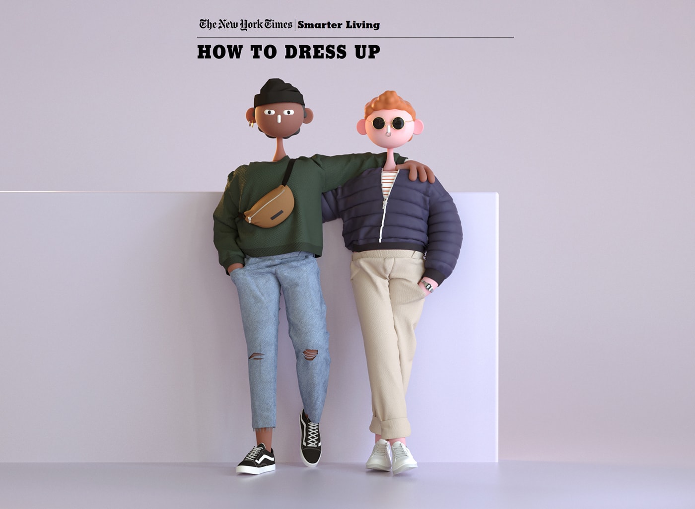 3d technical illustration of two characters wearing realistic clothes 