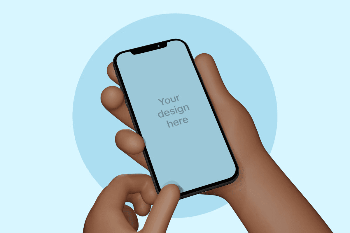 pair of hands in 3d illustration holding a realistic mockup of a mobile phone