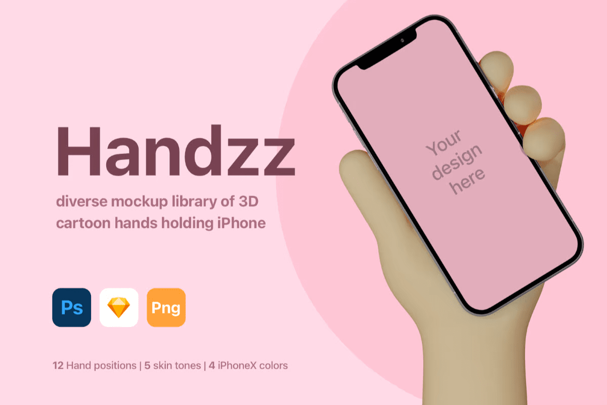 text next to a 3d illustration of a hand holding a mobile phone mockup