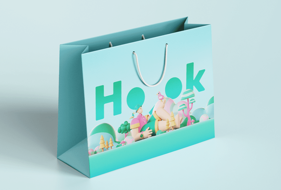 A shopping bag with a text and a 3d style illustration 