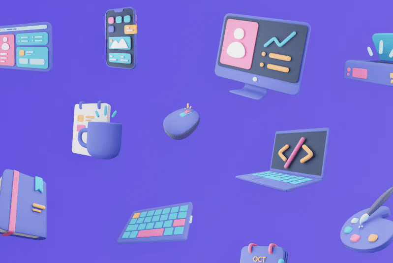 collection of 3d illustrations of a monitor, laptop, mouse, mug, notebook and paint palette