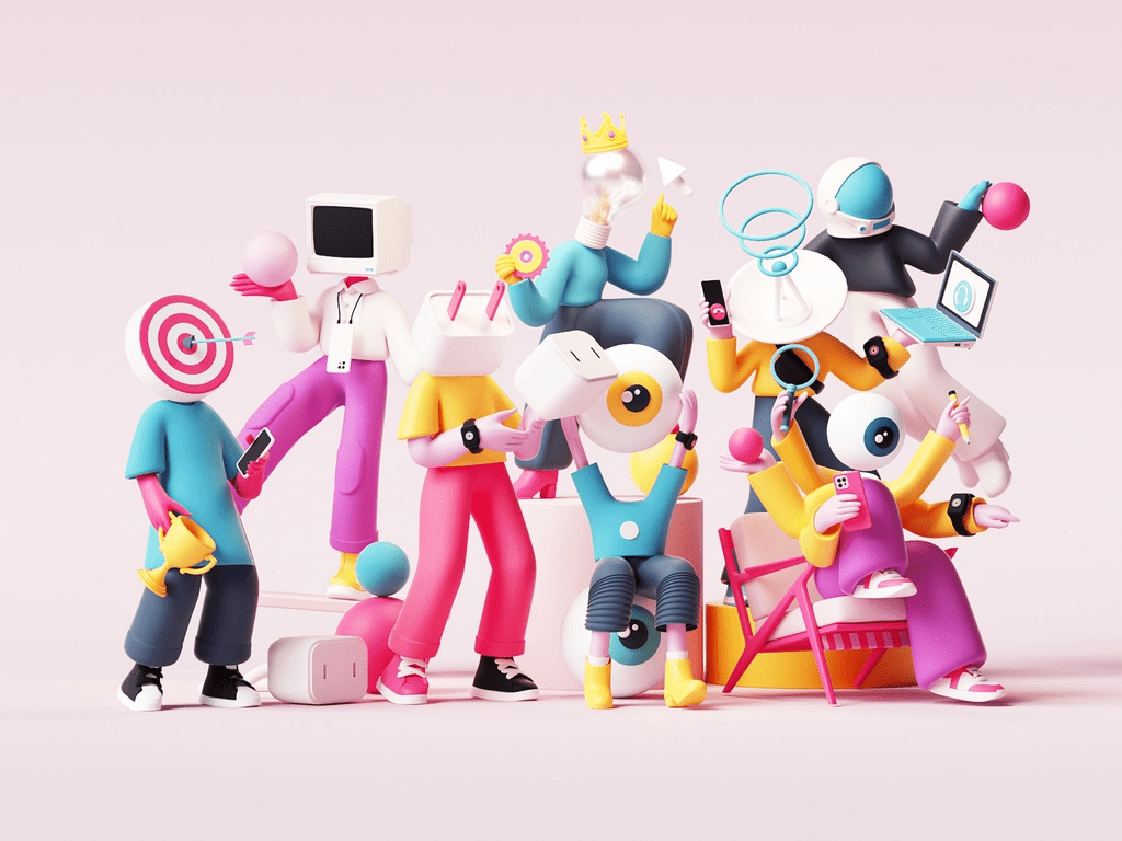 composition of 8 colorful characters illustrated in 3D with everyday elements such as computer, charger, satellite, among others.