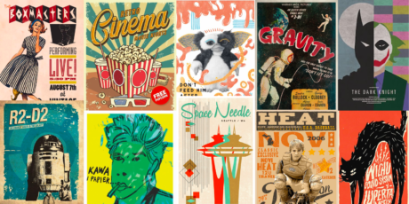 The image features 10 vintage designed posters including different vintage fonts, vintage colors and vintage icons