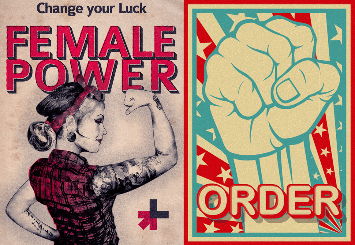 Vintage posters designed with vintage propaganda icons, colors and fonts