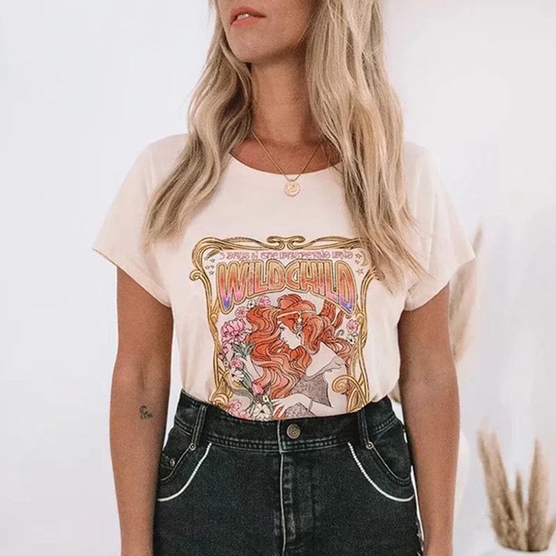 Girl wearing a vintage designed tshirt with colorful vintage fonts and illustrations