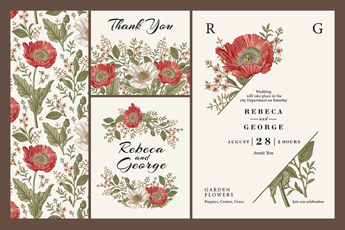 Letters and invitations using vintage designs with floral patterns and vintage fonts