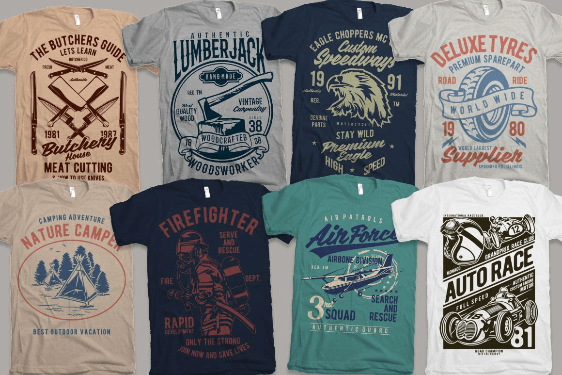 Many tshirts with vintage designs using vintage icons and vintage fonts