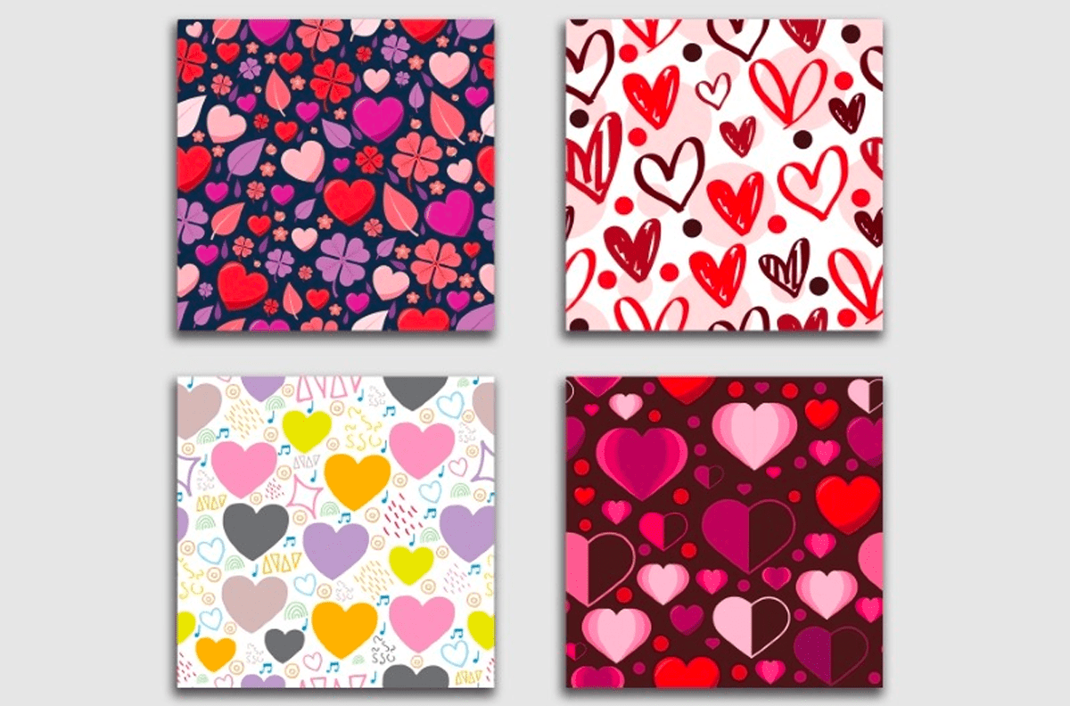 4 different hearts patterns with red, pink and different colours