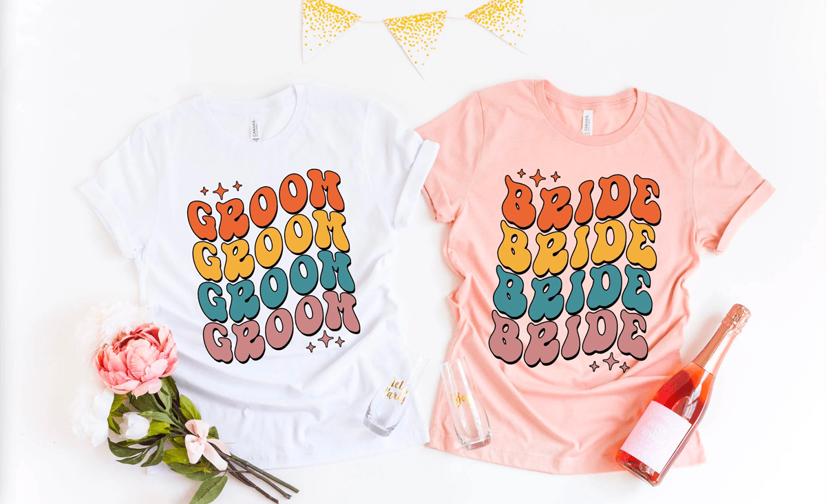 White and pink matching tshirts with bubbly fonts and groovy style for soon to be married couple